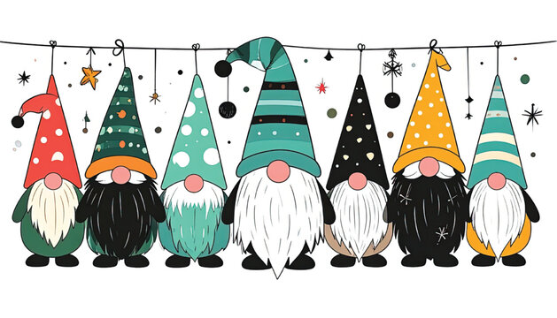 Group of colorful garden gnomes hanging.