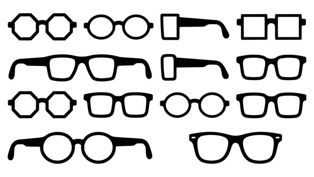 Collection of assorted eyeglass frames and spectacle silhouettes with eyeglasses, spectacles