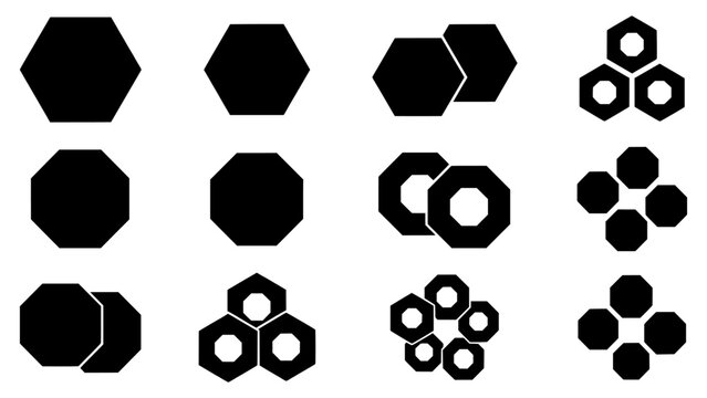 Black hexagon and octagon geometric shapes and cluster icons with geometry patterns elements