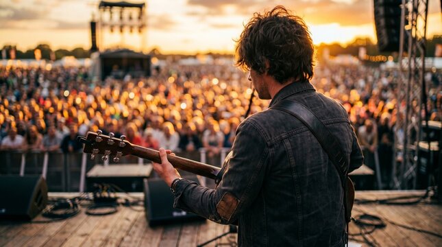 Musician performs on outdoor stage before large crowd at sunset festival event