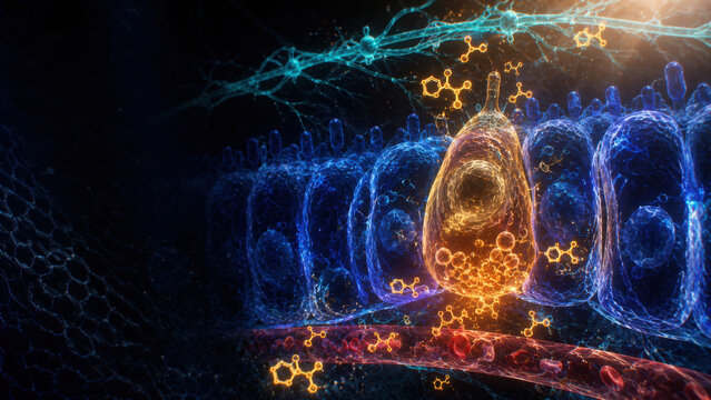 Glowing intestinal cells illustrate nutrient absorption in vibrant biological scene, showcasing intricate cellular structures and interactions