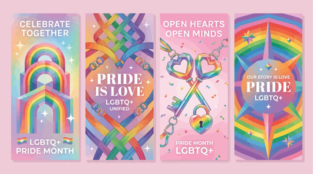 A collection of colorful LGBTQ+ Pride Month banners celebrating love, unity, and open hearts with vibrant rainbow designs and positive messages