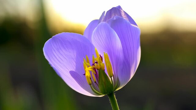 Purple flower with delicate petals and vibrant yellow stamens sways gently in the breeze against a soft, blurred background of green foliage and warm sunlight