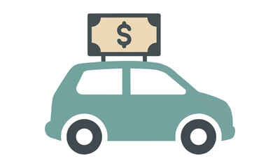 Fototapeta premium A minimalist automobile icon transporting a generic currency symbol on its roof, rendered in flat colors and clean outlines on a white background, financial delivery concept