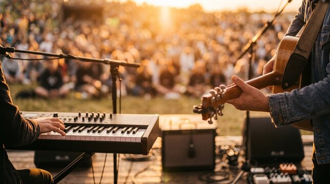Musician plays guitar and keyboard on outdoor stage at sunset festival