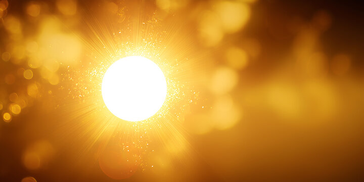 Glowing Golden Sun Sphere with Sparkling Light Rays. Warm Abstract Background.  Abstract Glowing Orb with Bokeh Effect.