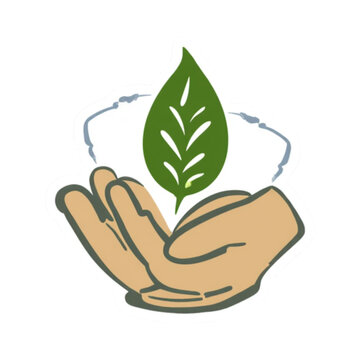 Hand holding a green leaf with circular motion lines in hand-drawn doodle style vector icon