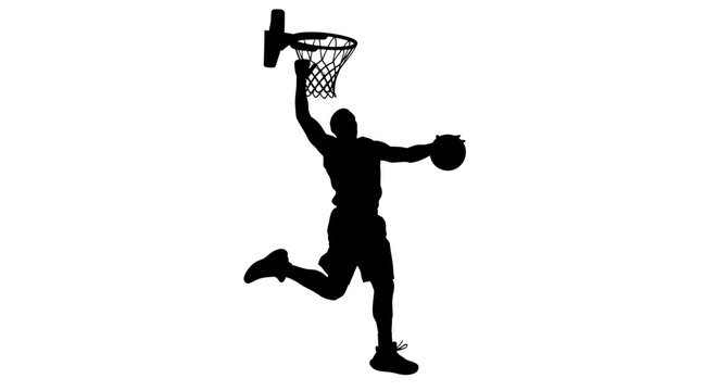 Man dunking basketball hoop silhouette.
