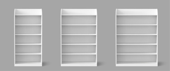 White retail display stands with empty shelves. Vector realistic illustration of 3d furniture for store or supermarket interior design, home or office bookshelf front view, presentation rack mockup © klyaksun