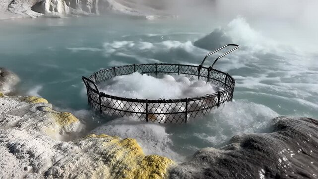Bubbling Geothermal Hot Spring with Metal Cage in Natural Landscape.