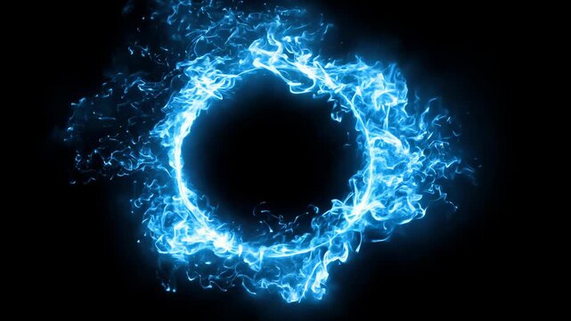 Blue glowing energy swirl transitions from a dynamic arc to a circular formation, showcasing vibrant light trails against a dark background in a visually captivating sequence