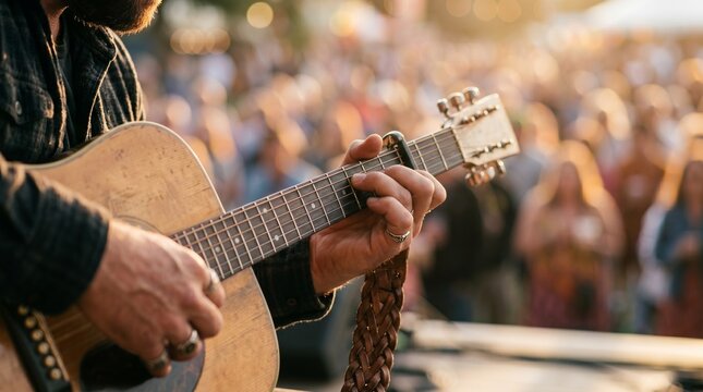 Musician playing guitar on outdoor stage with a large crowd cheering enthusiastically.