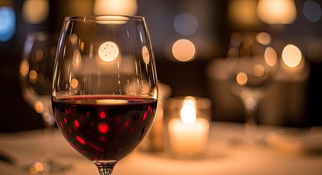 Elegant Glass of Red Wine with Blurry Candlelit Background.