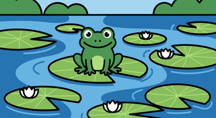 Fototapeta premium Cartoon Green Frog Sitting on Lily Pad in Pond.