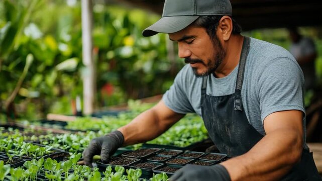 selective focus agricultural greenhouse interior with seedlings trays and lush greenery in controlled farming environment