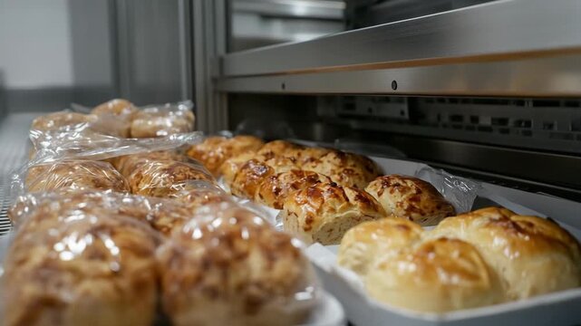 selective focus fully automated system packaging freshly baked bread rolls and pastries into bags and boxes in high speed bakery line