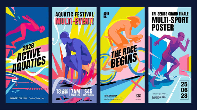 Dynamic Aquatic and Multi-Sport Event Posters with Vibrant Abstract Designs