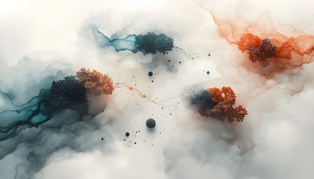 Abstract vector background with dark teal and orange fluid ink smoke clouds on a white backdrop