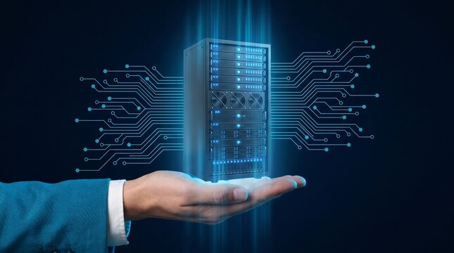 Businessman holding futuristic glowing server with circuit board design on dark background