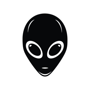 Illustration of a black alien head with large oval eyes on a white background, representing extraterrestrial life and science fiction