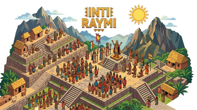 Ancient ceremonial gathering with people offering at Machu Picchu during Inti Raymi festival with mountains and sun