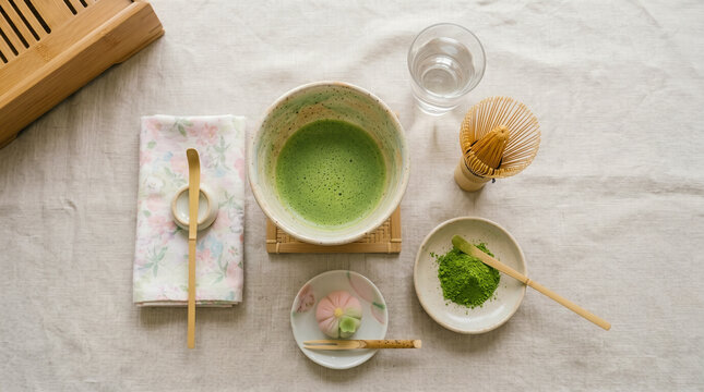 Overhead view of a traditional Japanese matcha tea ceremony set, featuring a foamy green tea bowl, bamboo tools, vibrant powder, and a delicate wagashi sweet.