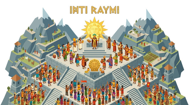 Andean ornaments fill a circular composition depicting Inti Raymi festival with people, sun, mountains, and stairs