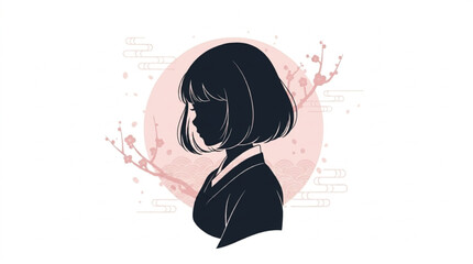 Japanese Anime Girl Silhouette with Sakura Cherry Blossom – Minimal Art © GONYONG
