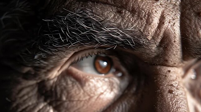 Close-up extreme detail of an elderly man's weathered eye and wrinkled skin.