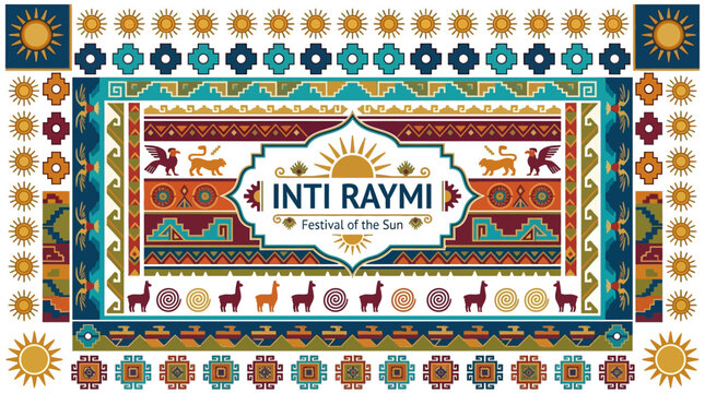 Vibrant festival scene with people celebrating Inti Raymi with llamas and colorful patterns and sun symbols and traditional Andean illustrations.