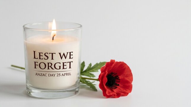 Candle and poppy for anzac day remembrance on white background