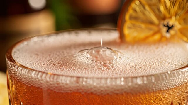 Closeup of a bubbly orange drink being poured into a glass with a citrus garnish.