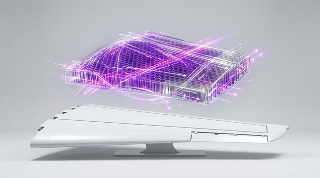 Professional studio shot of white aircraft wing segment featuring a floating 3D wireframe of internal honeycomb structure.