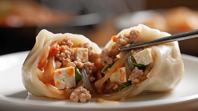 Closeup of a delicious steamed dumpling being picked up with chopsticks.
