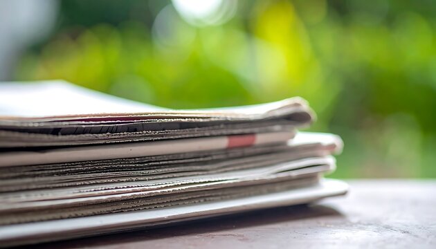A stack of newspapers on a table outdoors