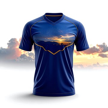 Blue hoodie with sunset landscape design front view.