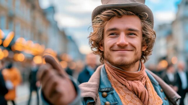 Cinematic portrait of a charming Regency-era London gentleman in a blue jacket with brass buttons, glancing sideways with a subtle smile, capturing elegance and refined Victorian fashion.