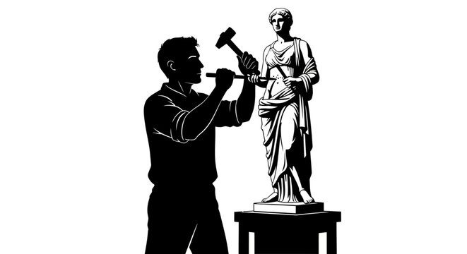 Man sculpting statue with chisel.