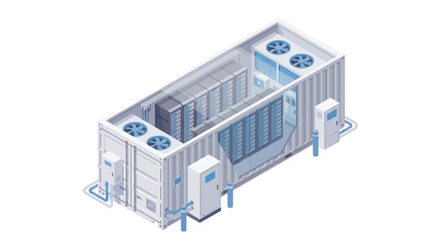 Isometric view of a modular data center with cooling systems and servers