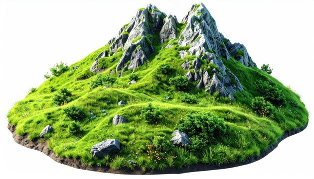 Lush green islet with rocky peaks and vegetation