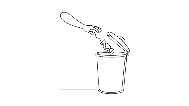 Continuous line drawing of hand throwing candy wrapper into trash bin.