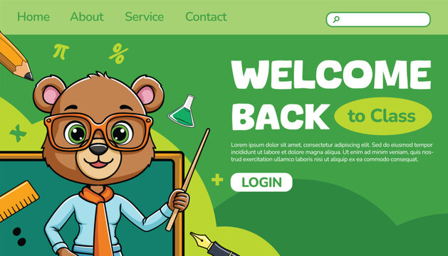 Website homepage landing page banner template featuring a cute bear teacher mascot holding a pointer stick next to a blackboard with welcome back text