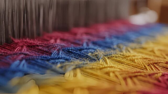 Closeup of Colorful Threads on a Loom Creating a Vibrant Textile Pattern.