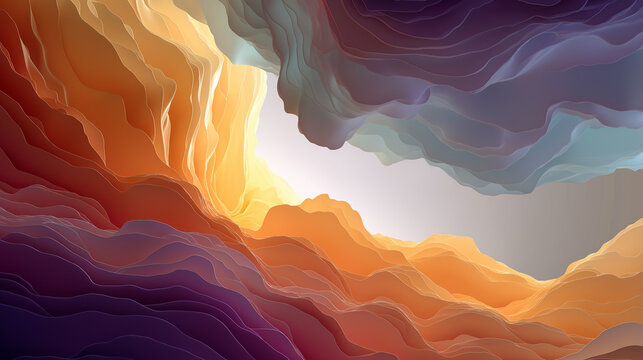 Abstract Swirls of Color: An abstract composition featuring ethereal, flowing layers of color, transitioning from warm oranges and yellows to cooler purples and grays.