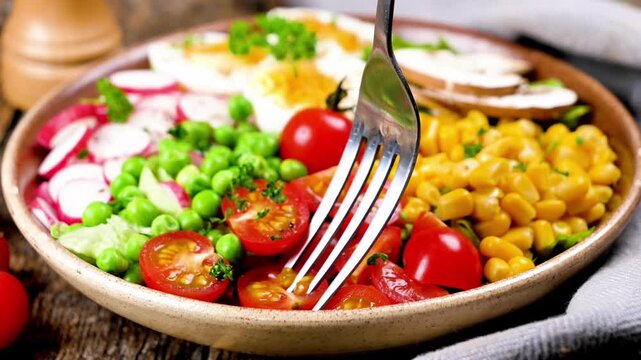 healthy salad bowl with boiled eggs, sliced radishes, green peas and mushrooms, protein rich vegetarian lunch close up	