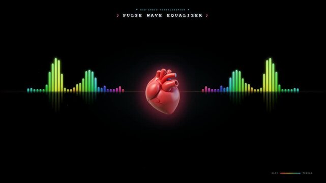 Glowing rainbow audio equalizer waveform with anatomical heart pulse visualization