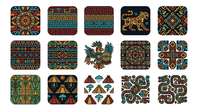 Vibrant Aztec patterns unfold in a colorful flat vector illustration featuring geometric designs and symbolic motifs.