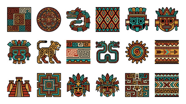 Vibrant Aztec patterns and symbols arranged flat in vector illustration form