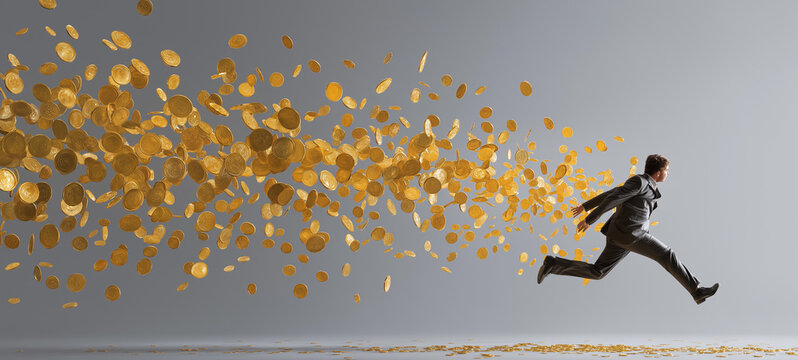 Chase for Wealth: A businessman in a sharp suit sprints towards a cascading stream of golden coins, symbolizing the relentless pursuit of fortune and financial success.