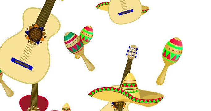 Mexican culture symbols. Cinco de Mayo federal holiday in Mexico. Seamless pattern of bright colorful maracas, sombrero, guitar on white. 4K Video motion graphic loop animation
